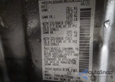 2025 Nissan Rogue Sv Intelligent Awd z USA, uszkodzony, nr VIN 5N1BT3BB8SC856286